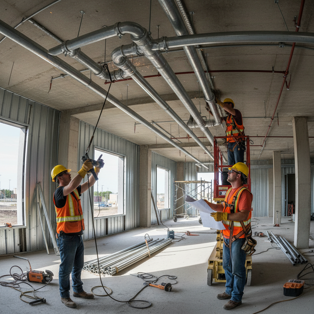 Fire protection crew installing sprinkler pipe on a commercial construction site with safety equipment