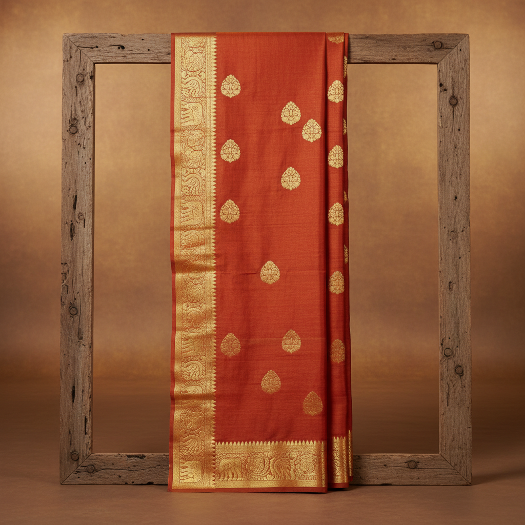 Rich crimson Kanjeevaram silk saree with gold temple border pattern draped on a wooden surface
