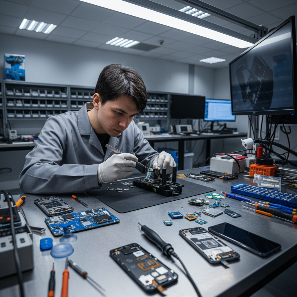 Shahroz, phone repair technician, working on a smartphone in a professional setting, dark background with tools