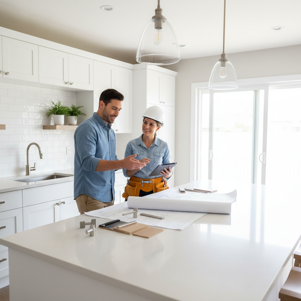 Homeowner reviewing renovation plans with contractor in a bright living room — collaborative remodeling consultation