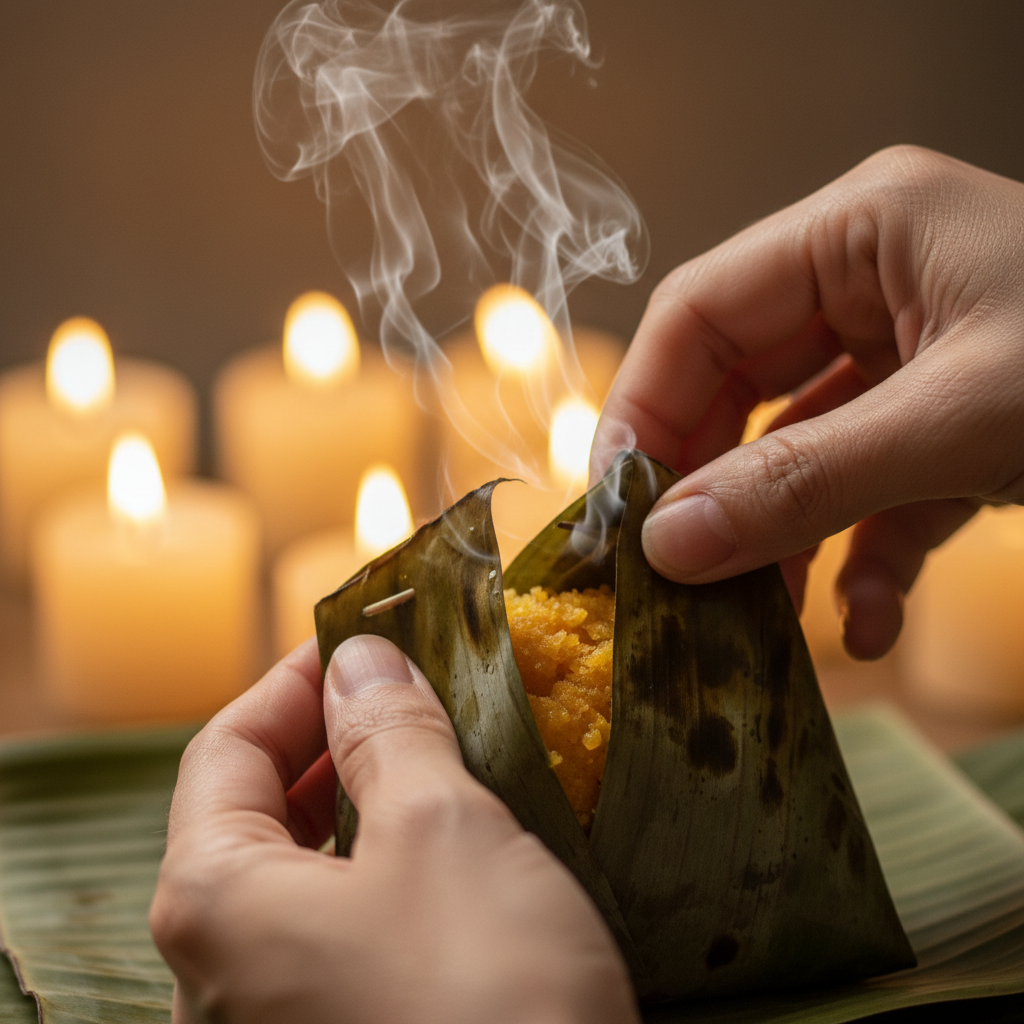 Close overhead shot of Thai dishes in clay bowls on a teak table, hands reaching for food, warm candlelight