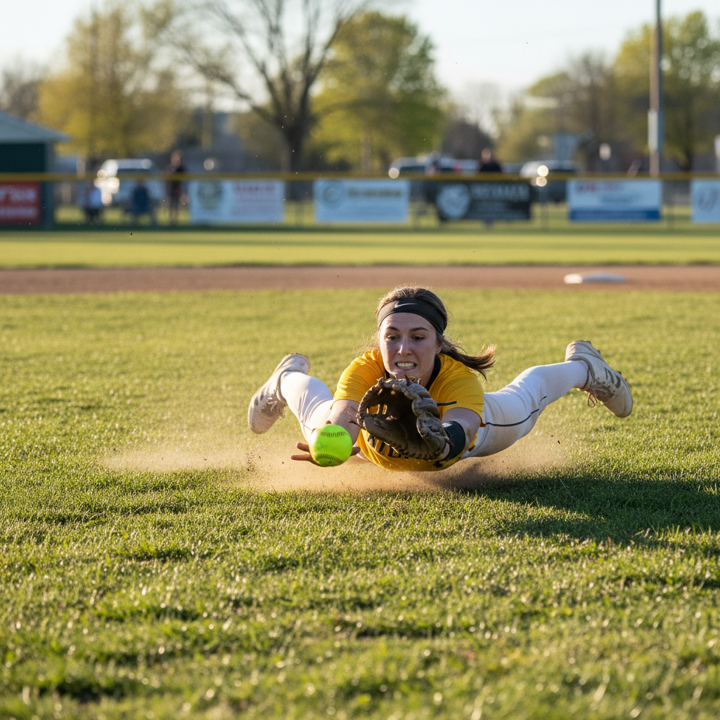 Softball player diving to catch a line drive in the outfield of a converted municipal field