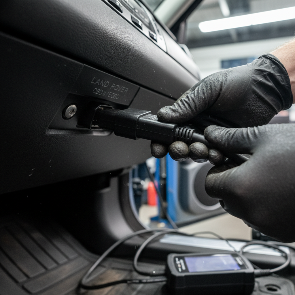 Mechanic connecting OBD diagnostic tool to Land Rover under workshop lighting