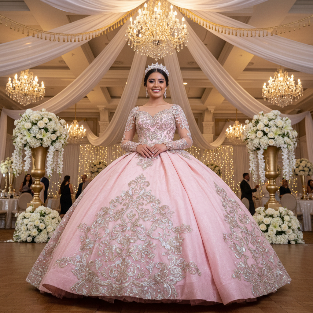 Quinceañera celebration with young woman in pink ball gown, tiara, elegant ballroom venue with chandeliers