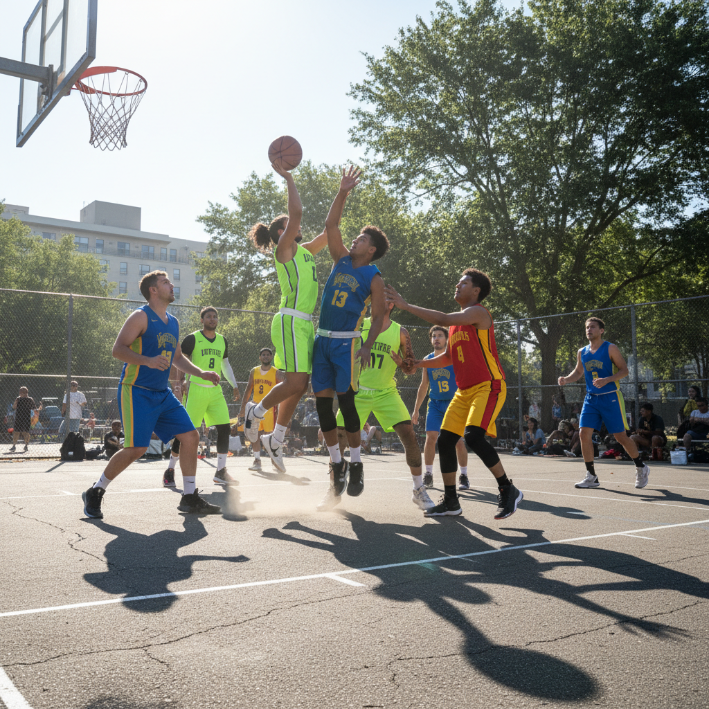 Close-up of basketball players competing for the ball on an outdoor court, sunny afternoon