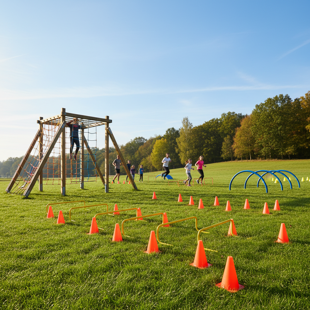 Large fenced outdoor play area with green grass and agility equipment for puppies