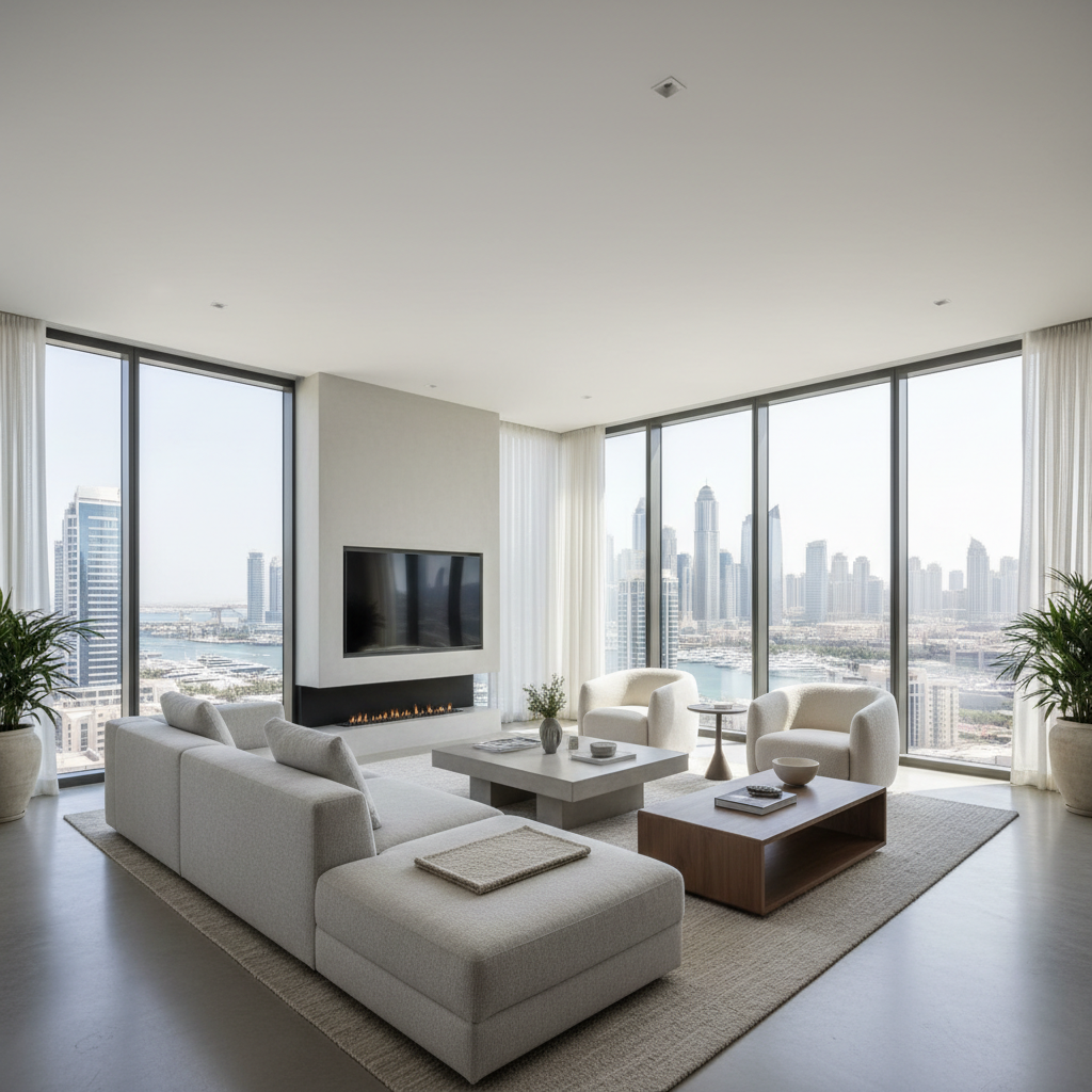 Dubai Marina apartment with waterfront view, open plan living, floor to ceiling windows, bright natural light