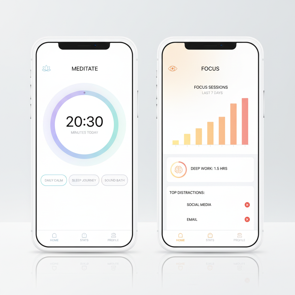 Mobile health app screens on white background, soft green tones, clean typography, calm wellness aesthetic