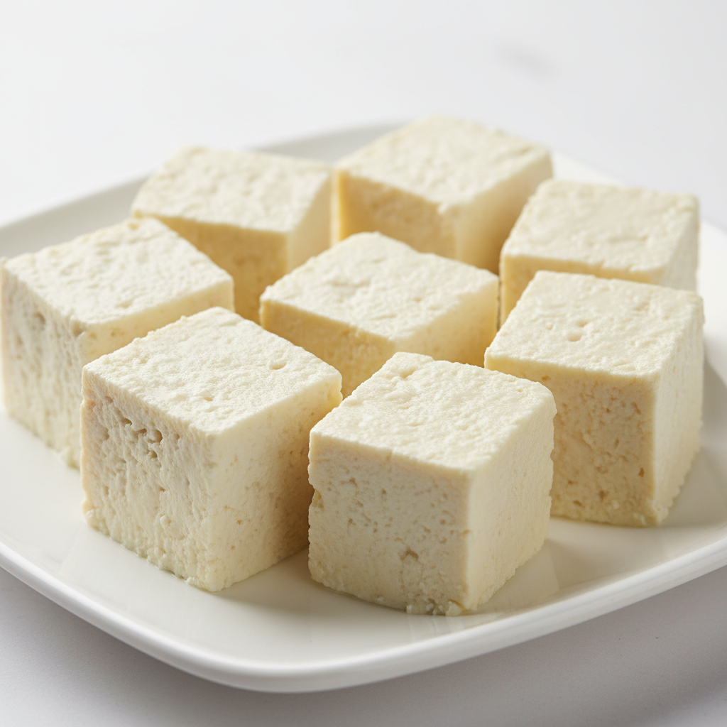 Fresh white paneer cubes on a clean white plate in bright natural lighting