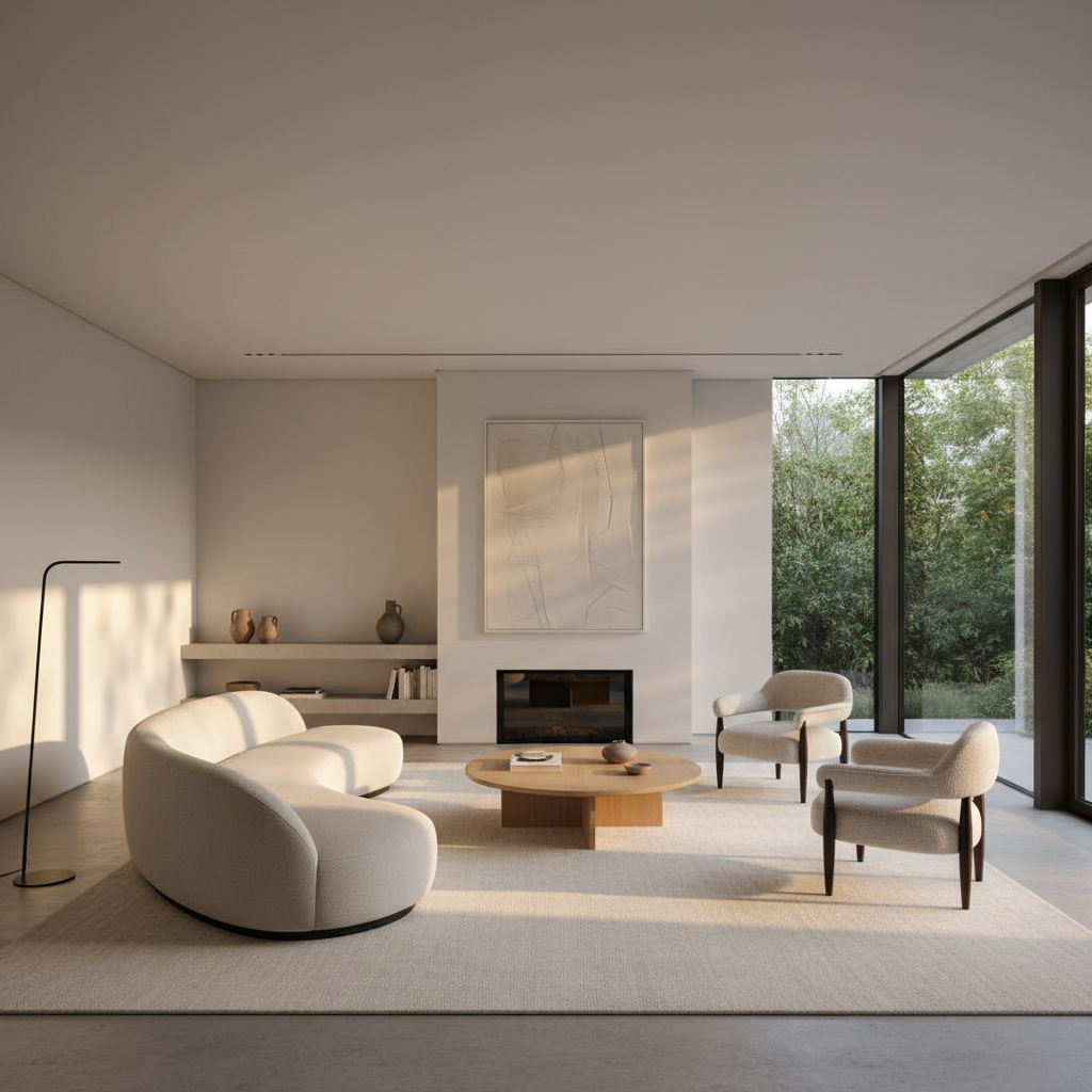 Modern minimalist living room with elegant furniture, bright natural light