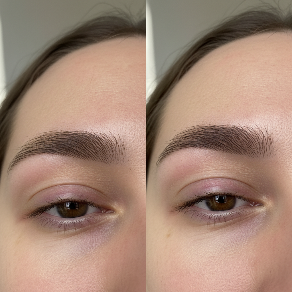 Close-up of defined natural-looking eyebrows after microblading treatment