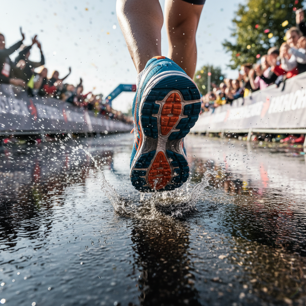 Runner's shoes striking wet tarmac through a finish chute lined with cheering crowds