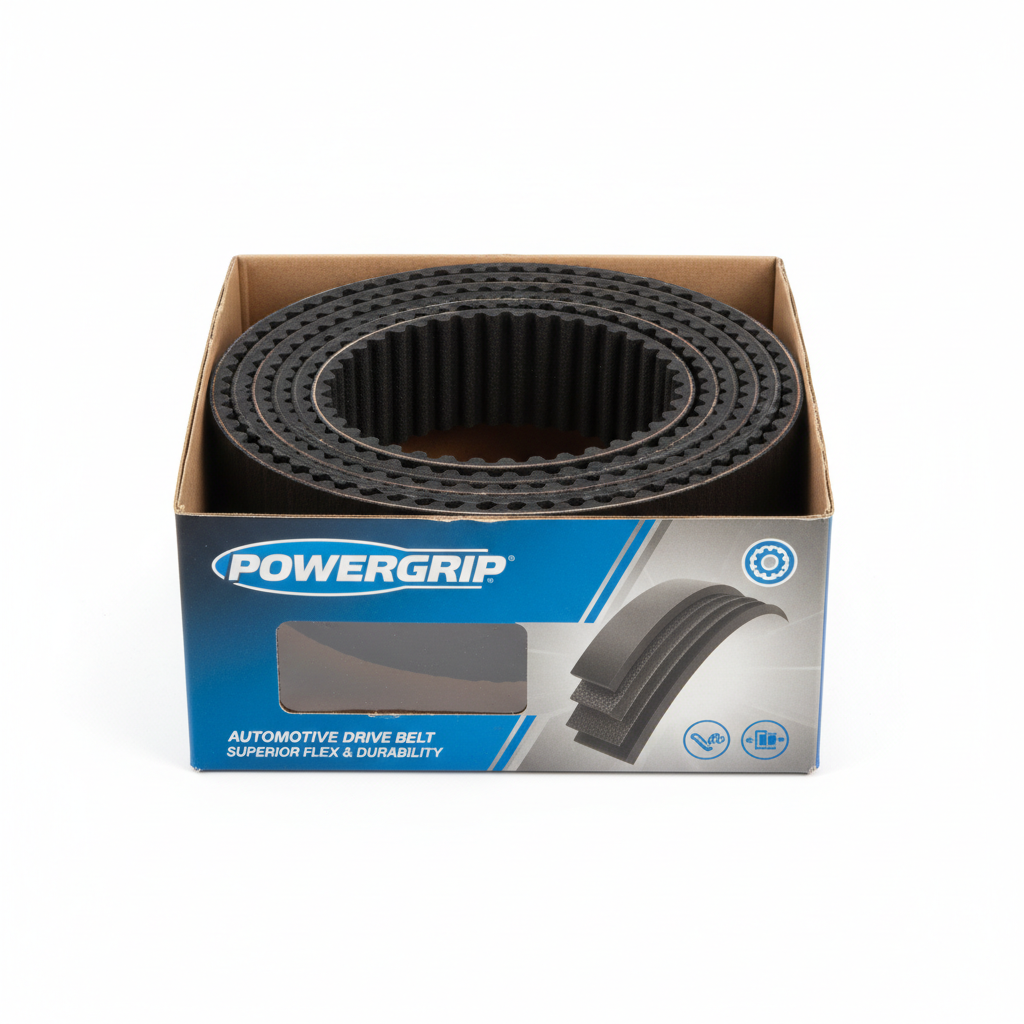 Coiled serpentine belt in branded box, timing belt cross-section visible on packaging