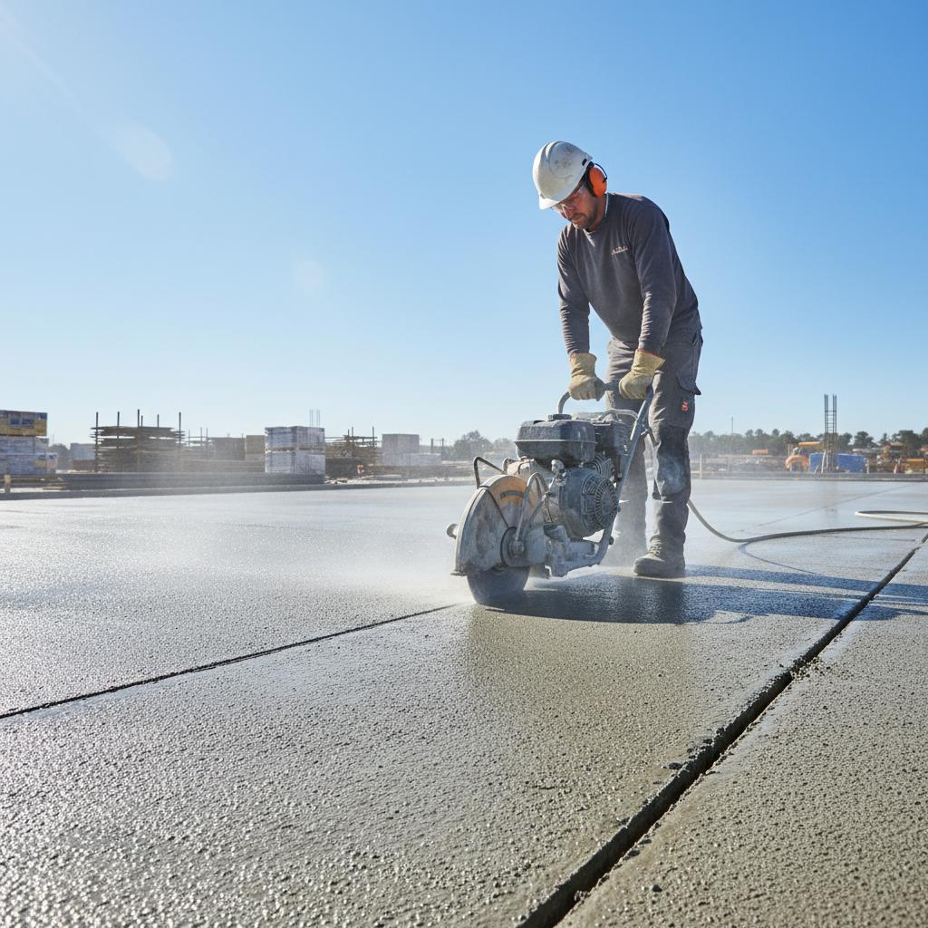 Technician operating a concrete saw cutting control joints in a freshly poured slab