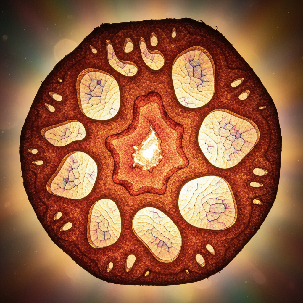 Lotus root cross-section backlit like stained glass showing intricate lace pattern