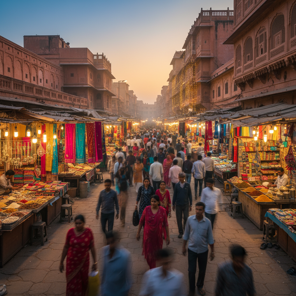 Jaipur Johari Bazaar food stall with colorful Indian sweets and snacks, vibrant market scene, bright natural daylight