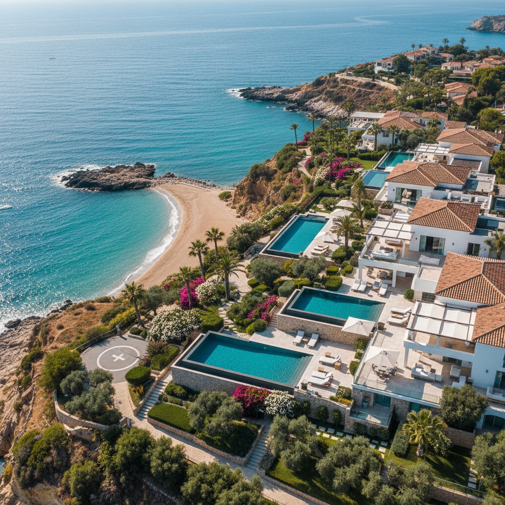 Aerial view of luxury coastal villa estate at golden hour, warm light, calm sea, lush greenery surrounding property