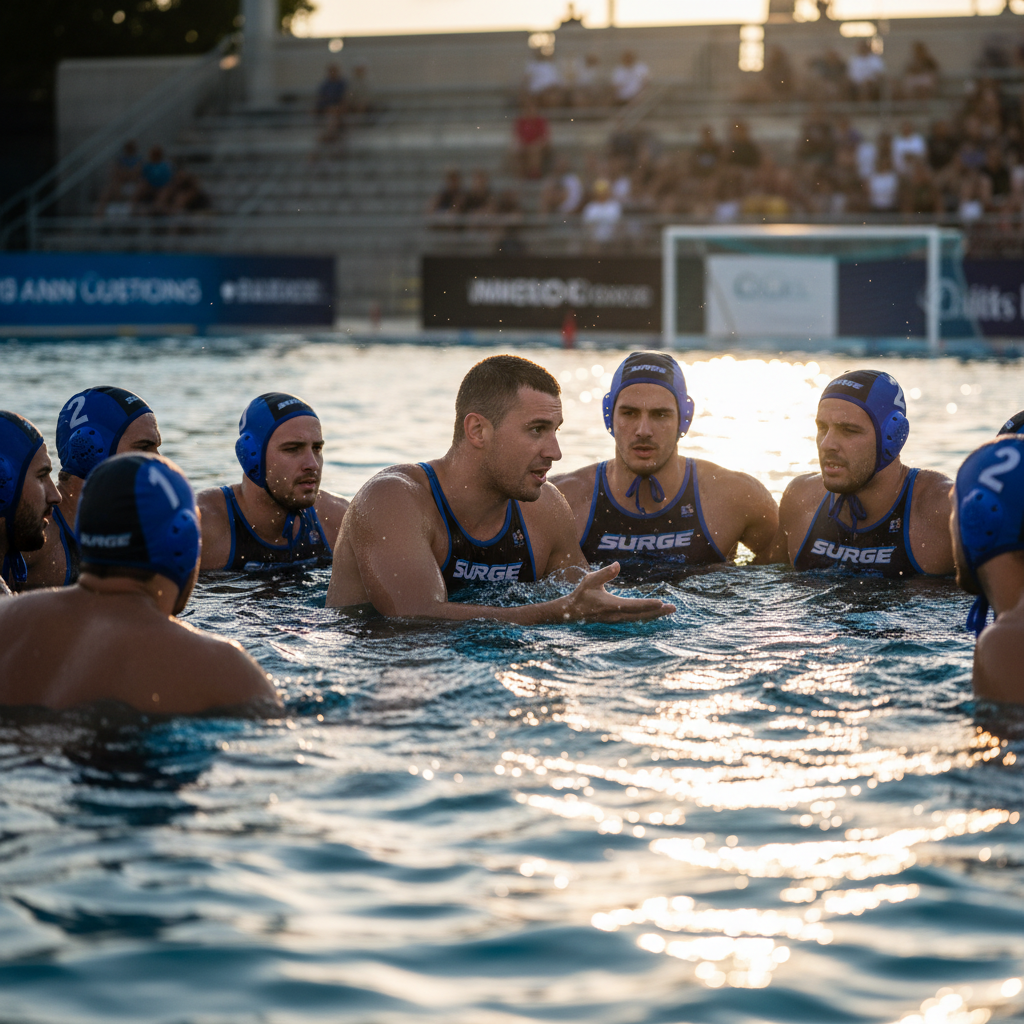 Surge Water Polo players at Western Nationals, team huddle in water before match