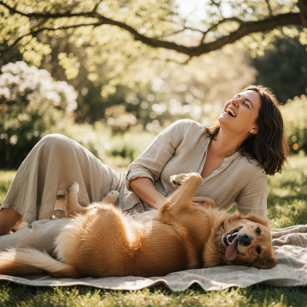 Owner giving belly rub to dog between takes, both laughing