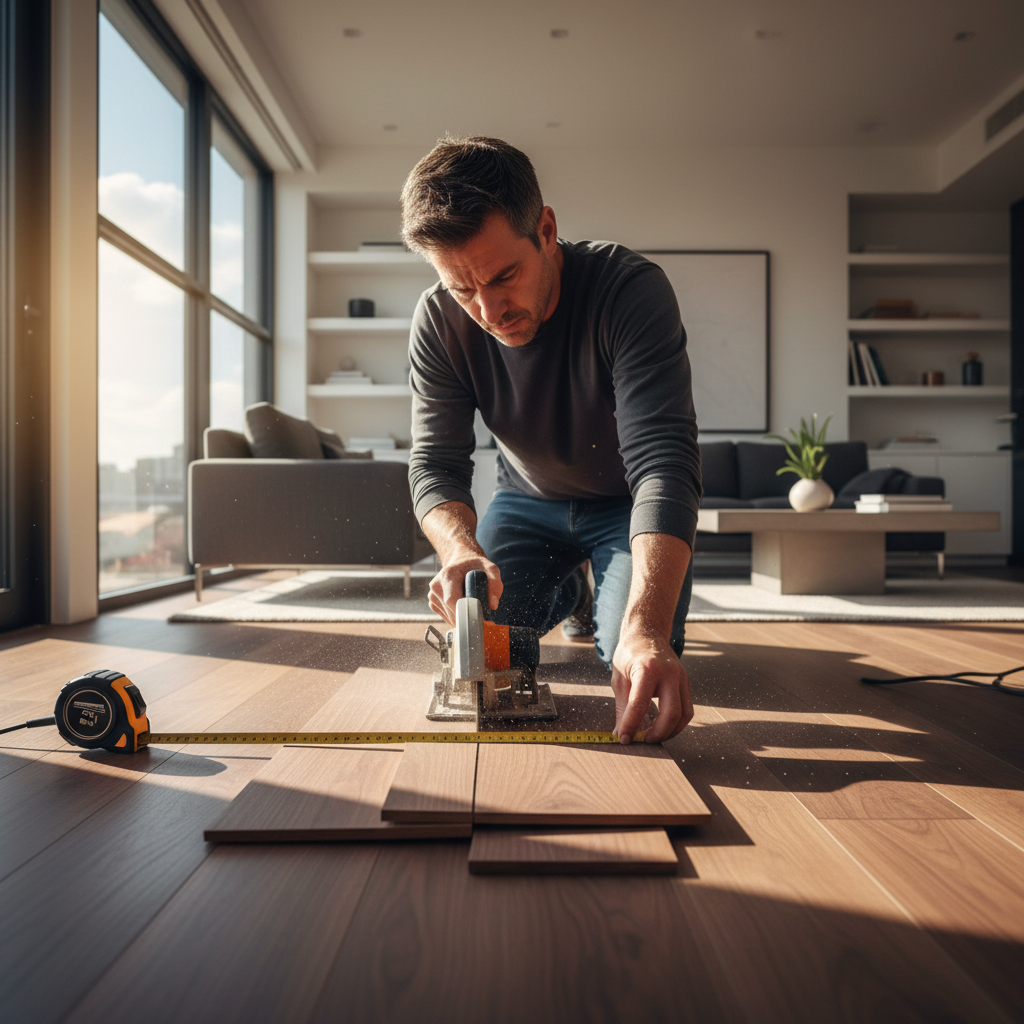 Professional carpenter measuring and cutting wood trim for a residential remodeling project