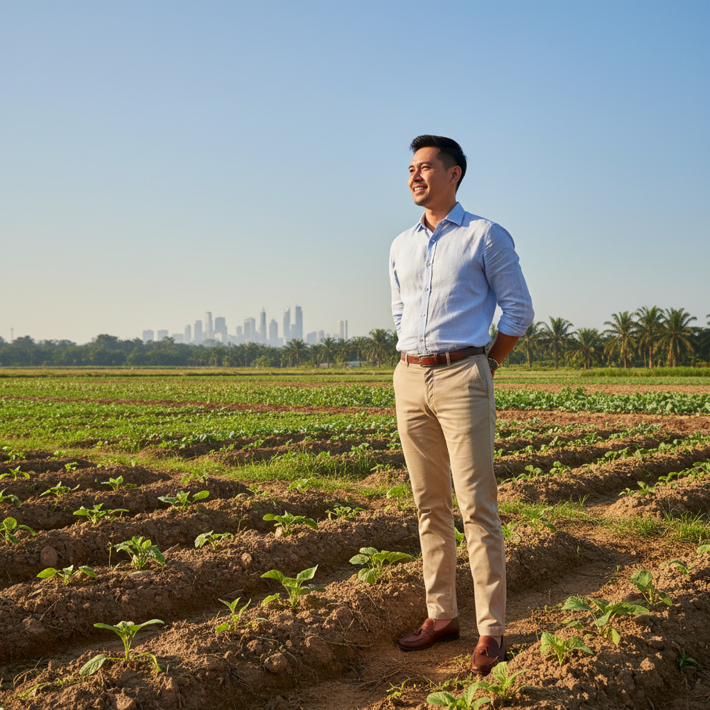 Middle-aged man in a plaid flannel shirt standing in a farm field with hands on hips, smiling warmly