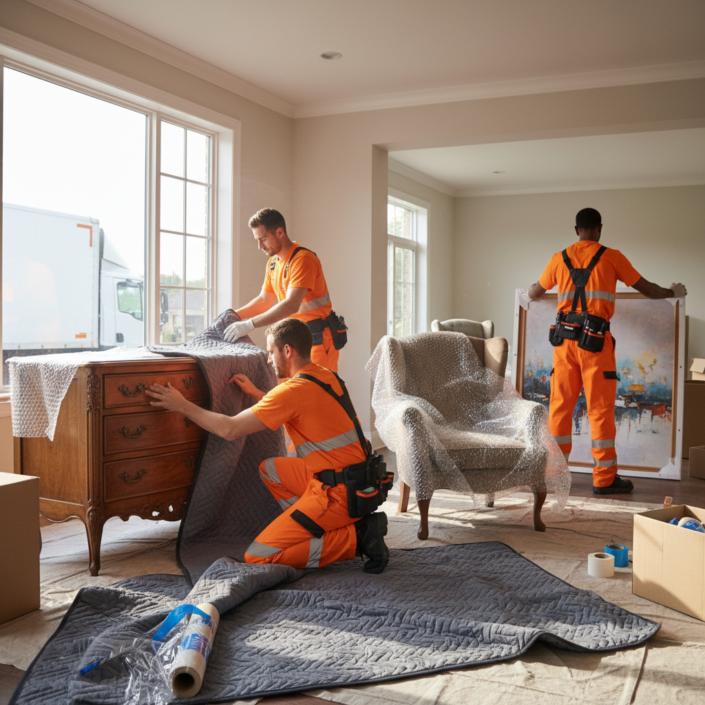 Two professional movers in work uniforms carefully carrying a heavy piece of furniture through a bright doorway, organized and professional, daytime