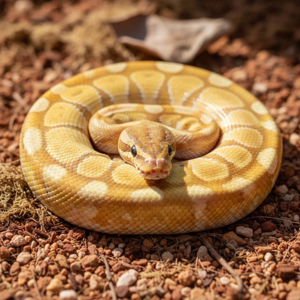 Golden yellow pastel clown ball python coiled on warm substrate