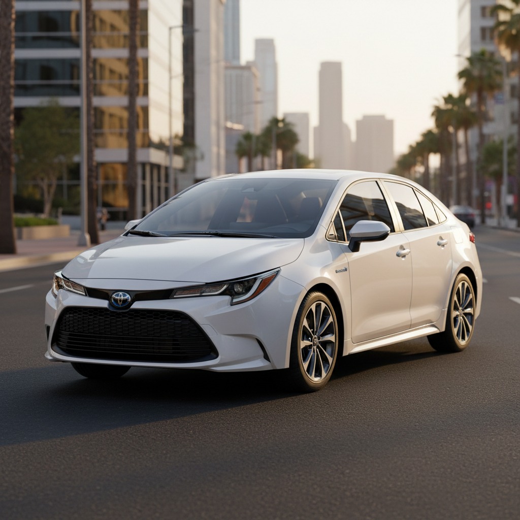 2023 Toyota Corolla Hybrid LE in ice cap white parked in a modern city environment at golden hour