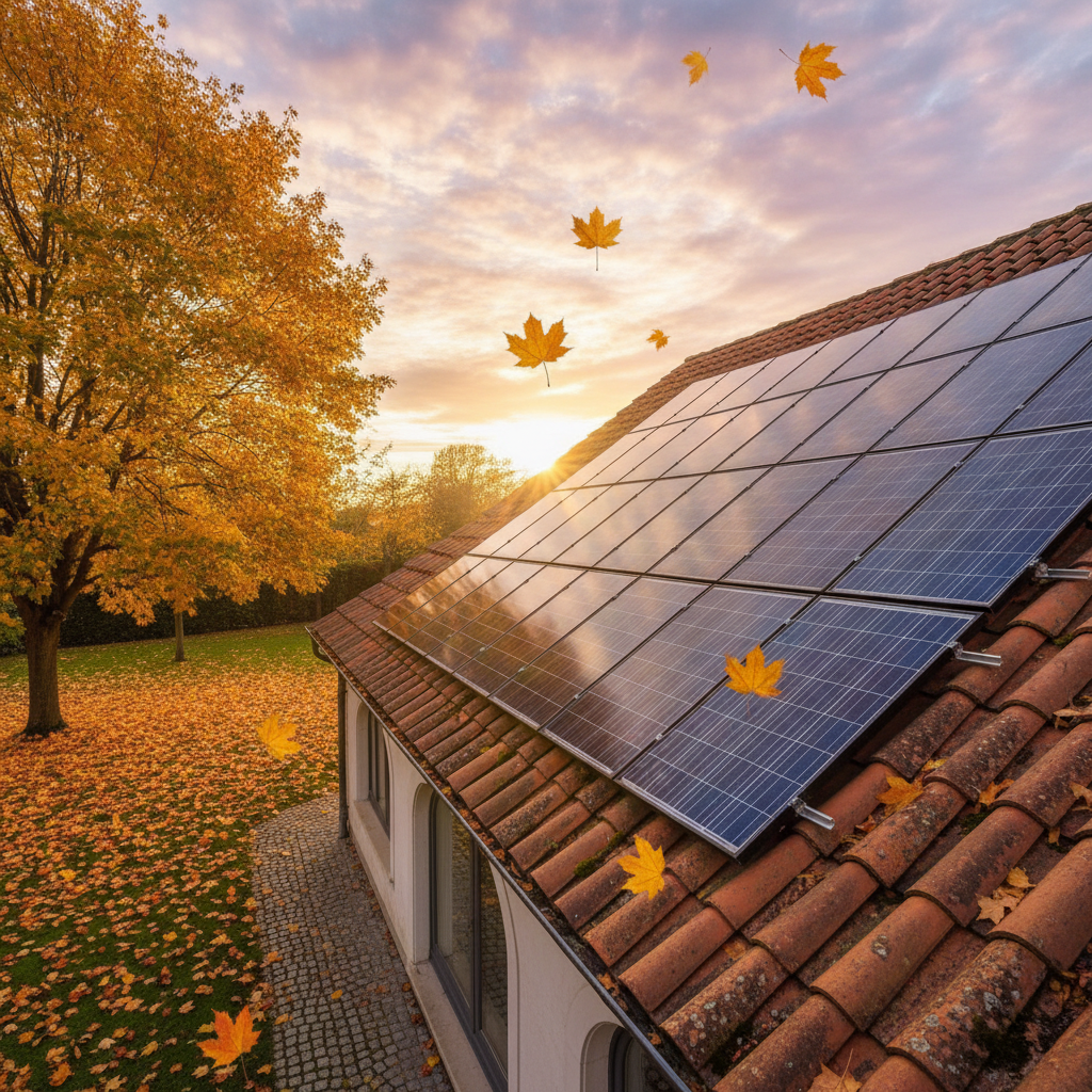 Solar panels on a clay-tile roof with golden autumn maple leaves falling across the yard in warm late-afternoon light