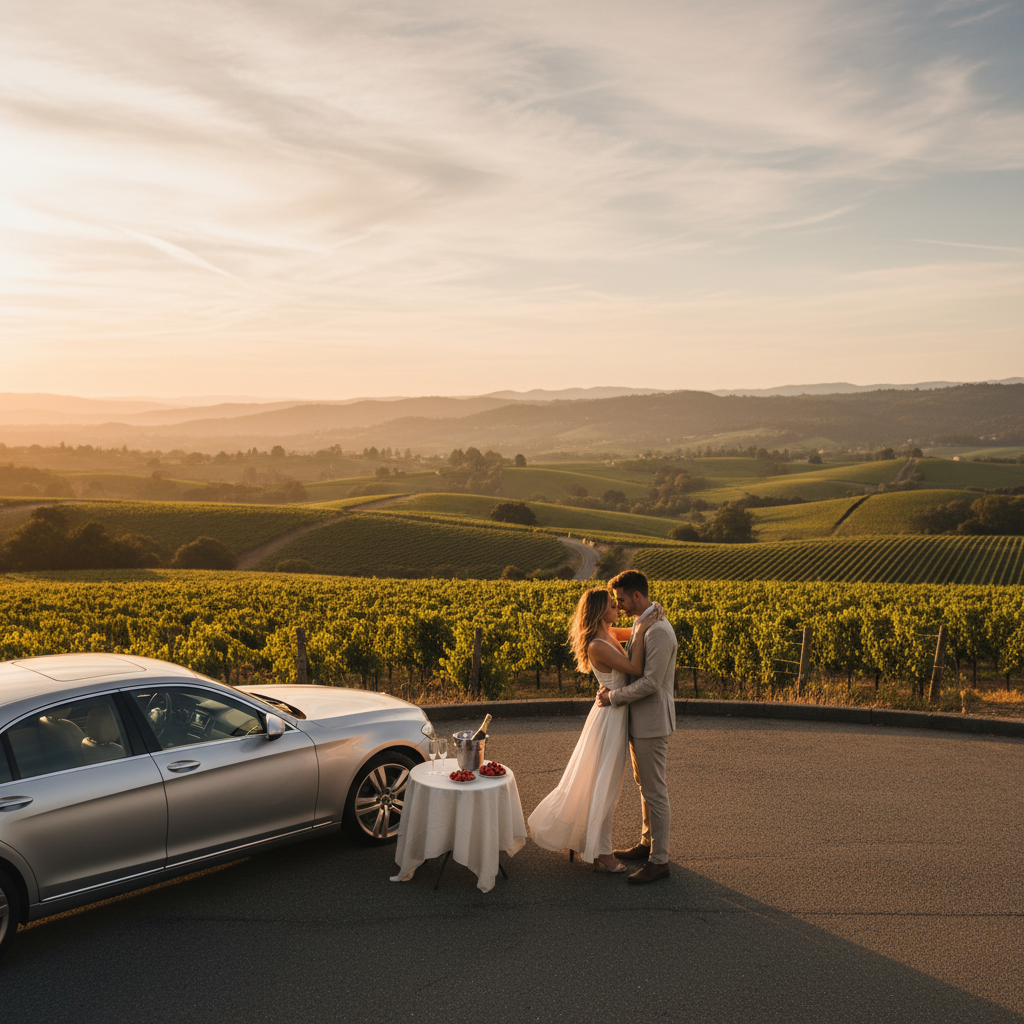 Wedding couple embracing in golden vineyard sunset, romantic ceremony in Napa Valley