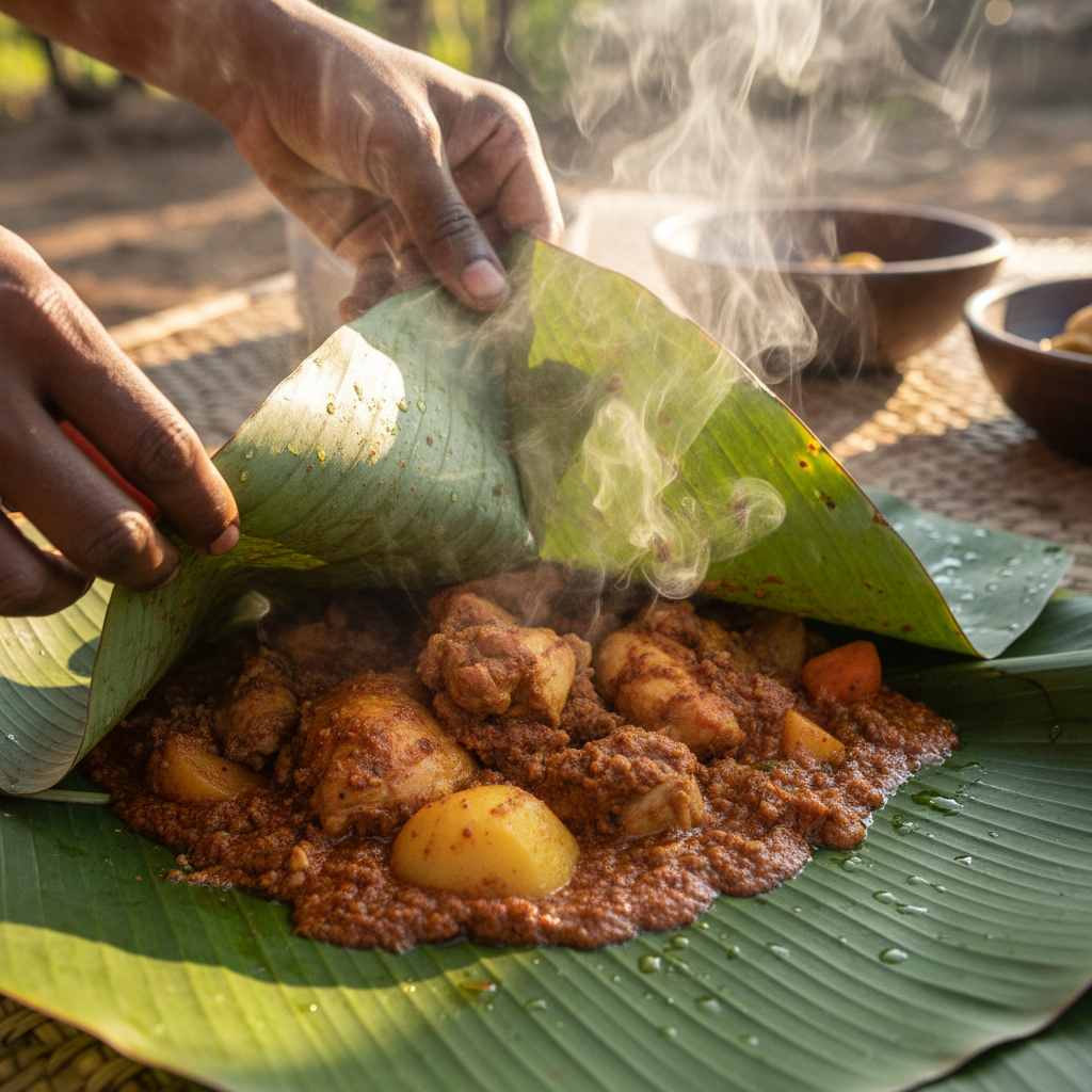 Banana leaves being unfolded to reveal steaming Luwombo stew inside