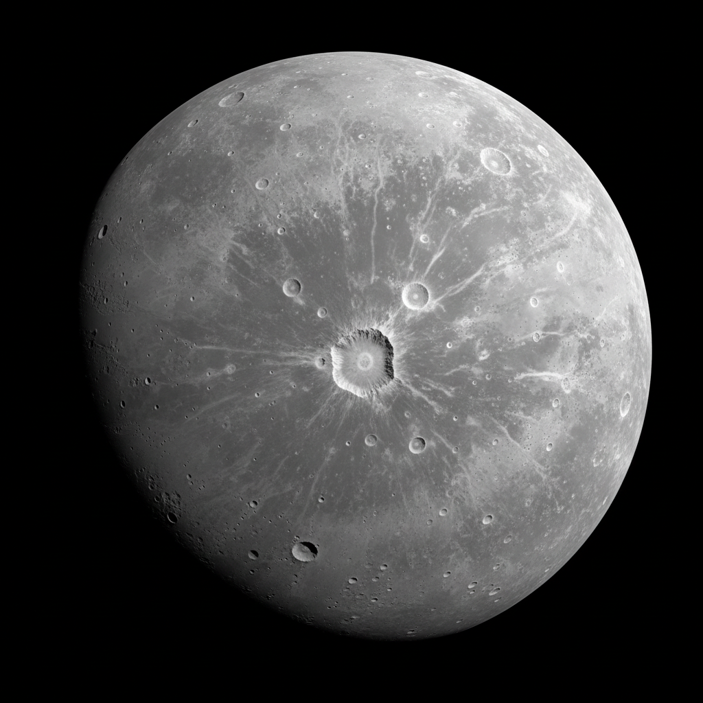 Rocky grey planet surface with craters in dark space, Mercury-like barren planetary landscape