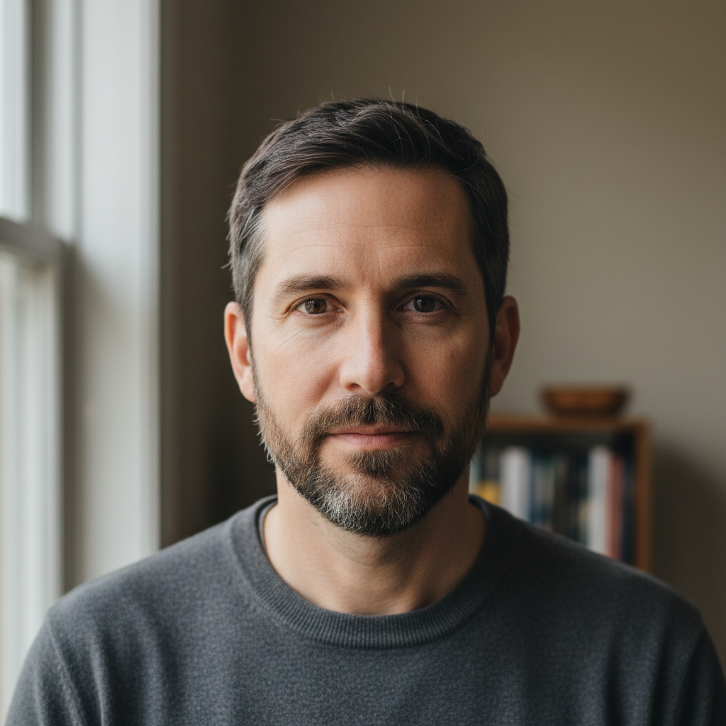 Portrait of a man in his forties with a calm, direct expression, standing in natural light