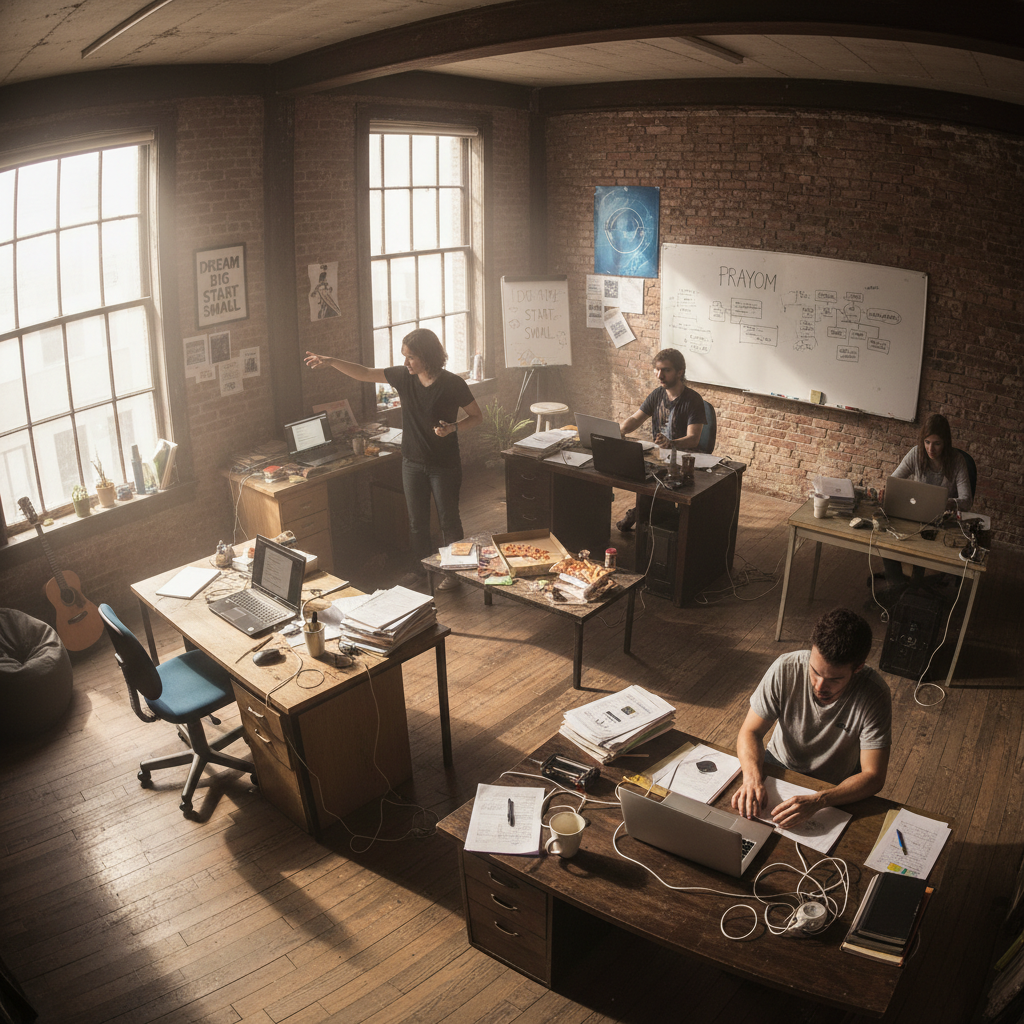 Small startup office environment representing PRAYOM's humble beginnings in 2010