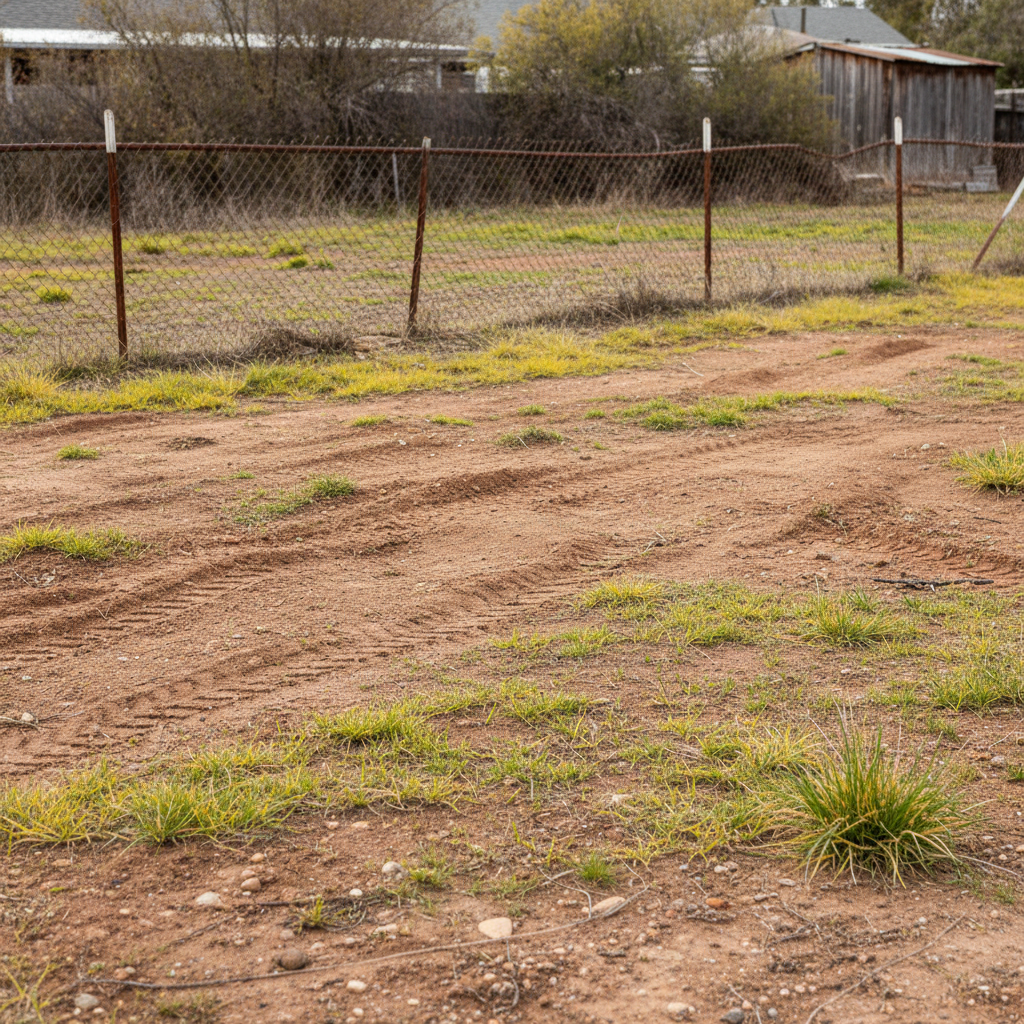 Raw unfinished backyard with patchy grass, exposed dirt grade, and leaning chain-link fence before hardscaping