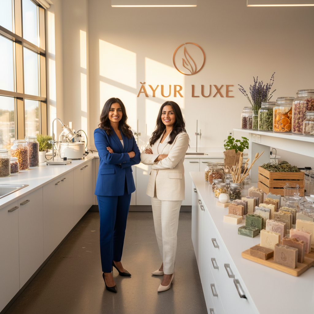 Two confident Indian women founders in a bright modern laboratory surrounded by botanical ingredients and luxury soap bars, professional business attire, warm natural lighting