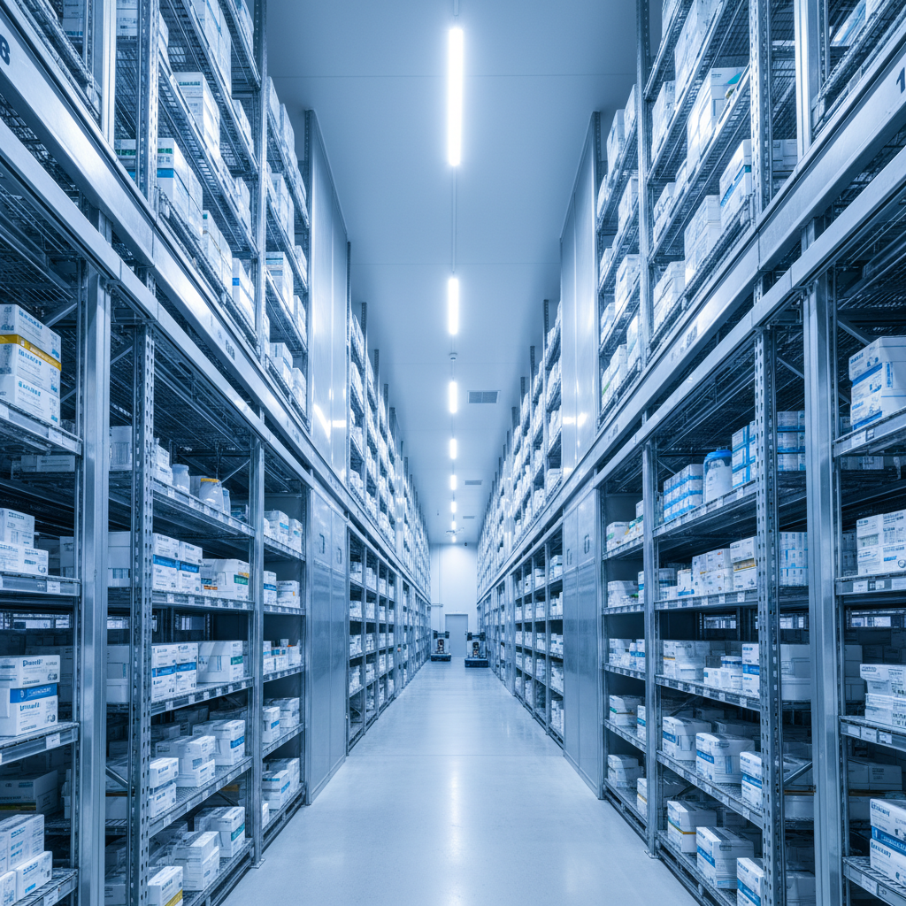 Large industrial cold storage warehouse with pharmaceutical storage racks
