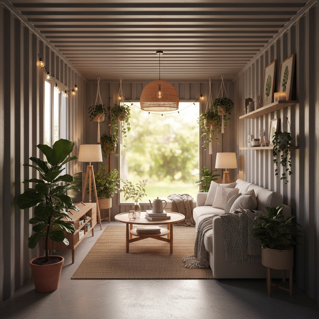 Full tier staged container interior with complete room styling, ambient lighting, and botanical accents