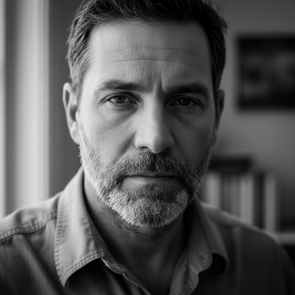 Close-up portrait of a tired but focused man in his late 30s — black and white