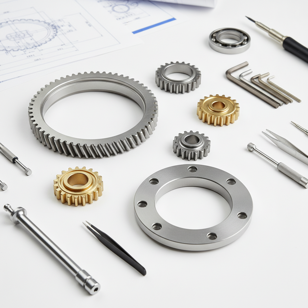Disassembled planetary gear set laid out on a white workbench with precision tools