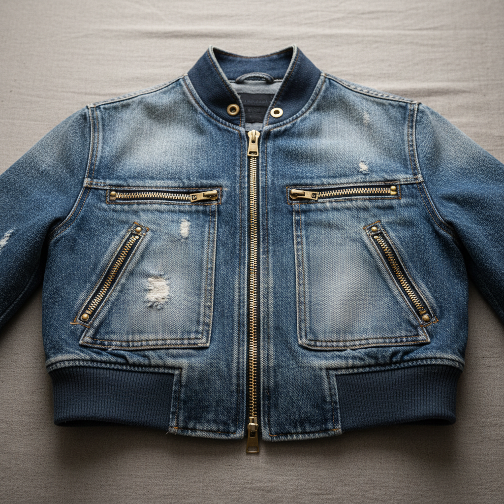 Cropped bomber jacket in reclaimed denim with visible brass hardware, styled over cream silk blouse