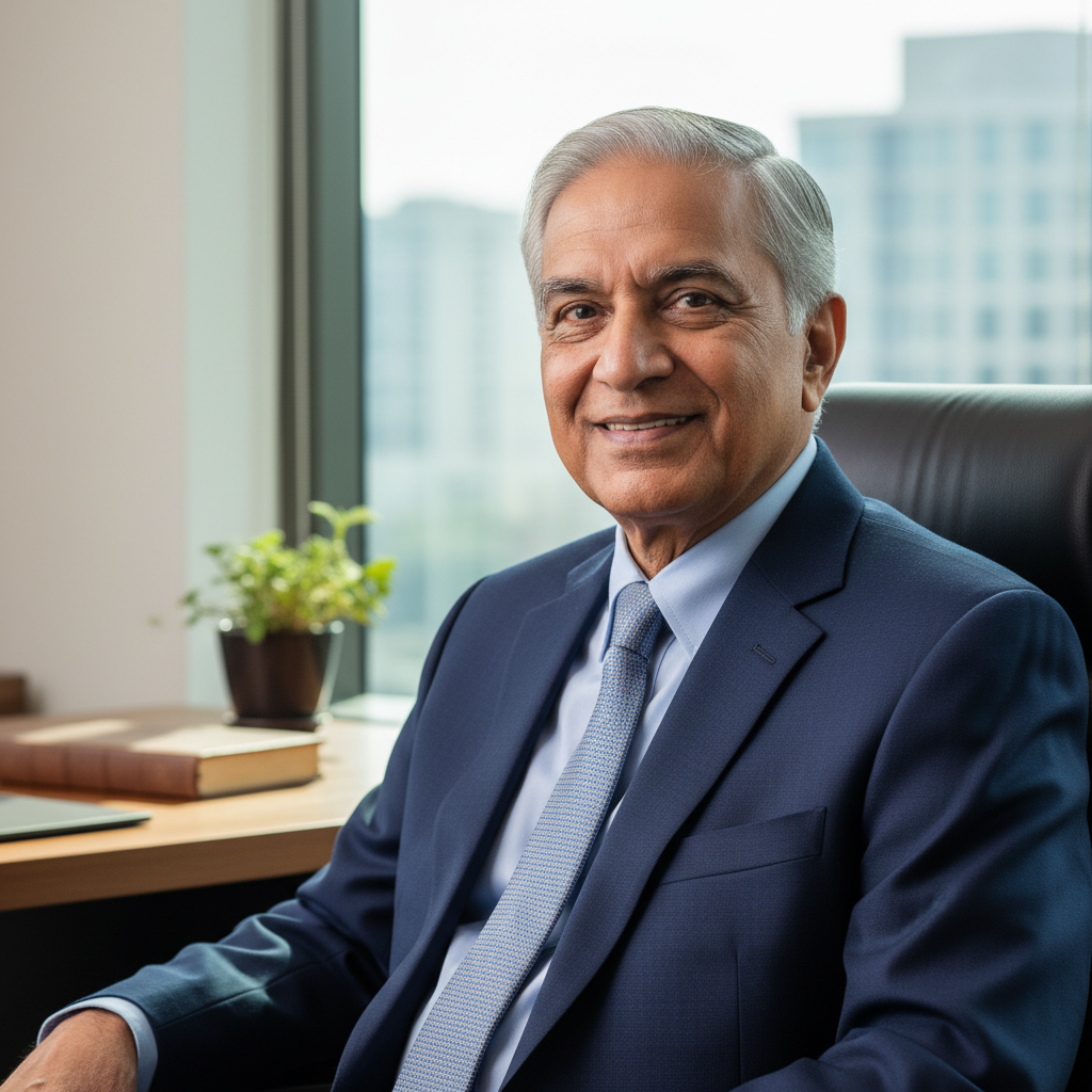 Elderly Indian man with glasses and a gentle smile, educated and distinguished appearance