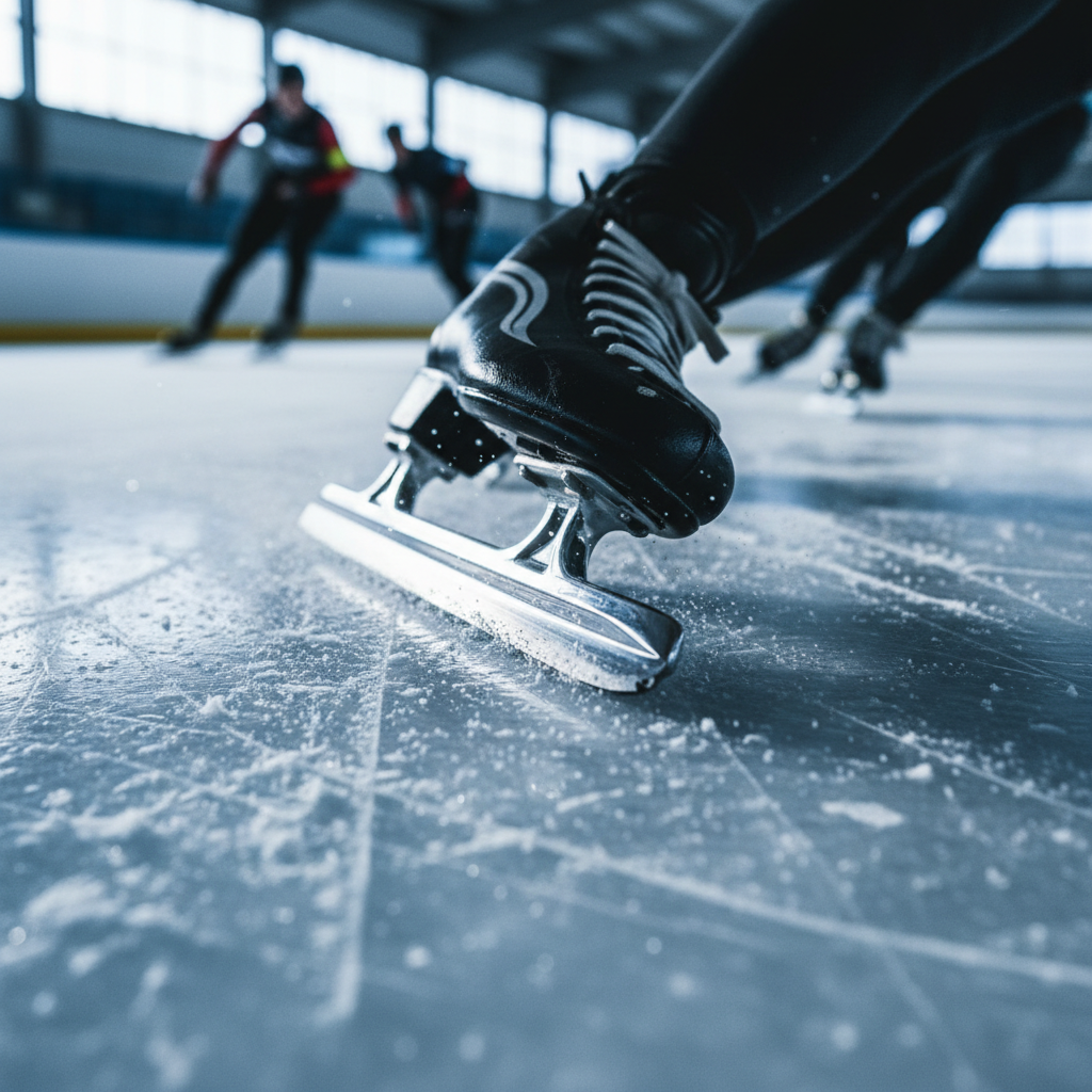 Skater's blades close up on ice surface during race