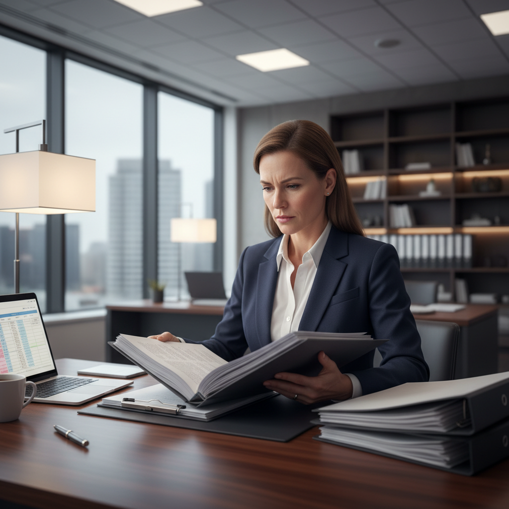 Professional placement director reviewing candidate files at a desk, focused and authoritative