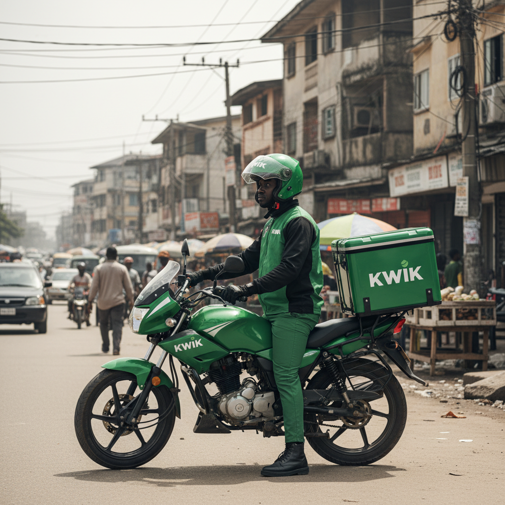 Green Kwik Delivery motorcycle courier on Lagos street side view