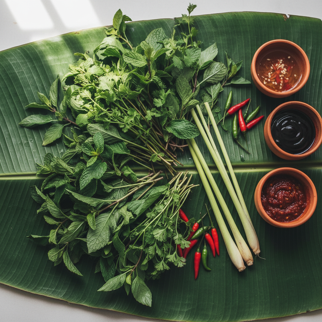 Overhead view of Vietnamese herbs, lemongrass, and chili arranged on a banana leaf with clay bowls