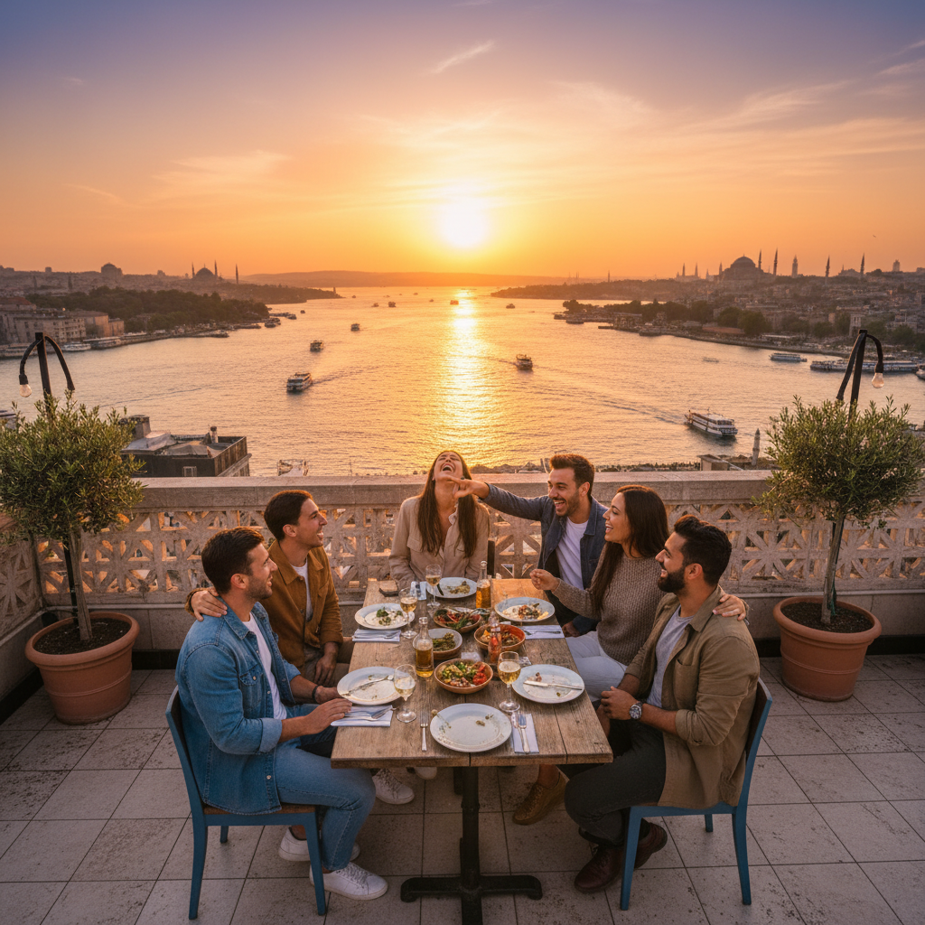 Group of friends laughing together on a rooftop terrace in Istanbul at sunset with Bosphorus visible in background