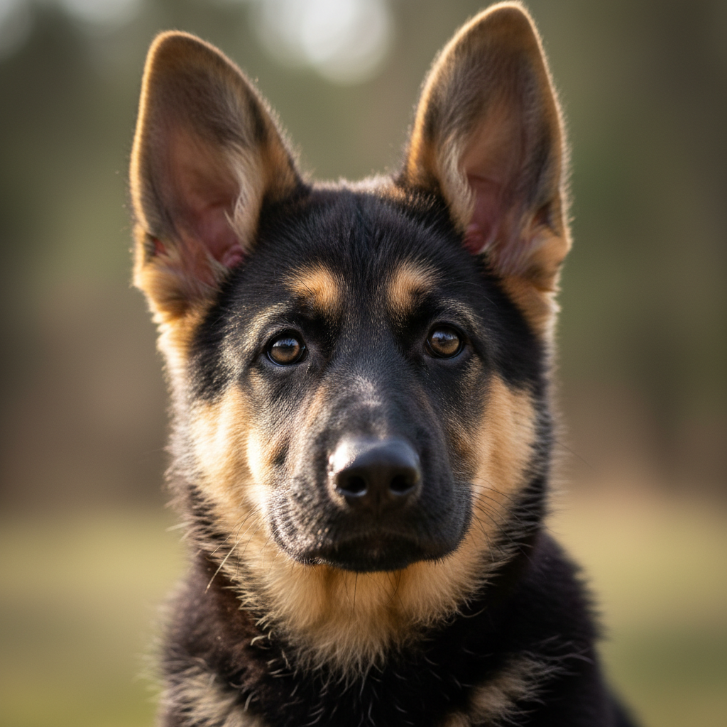 Black and tan German Shepherd puppy Scout alert expression outdoors