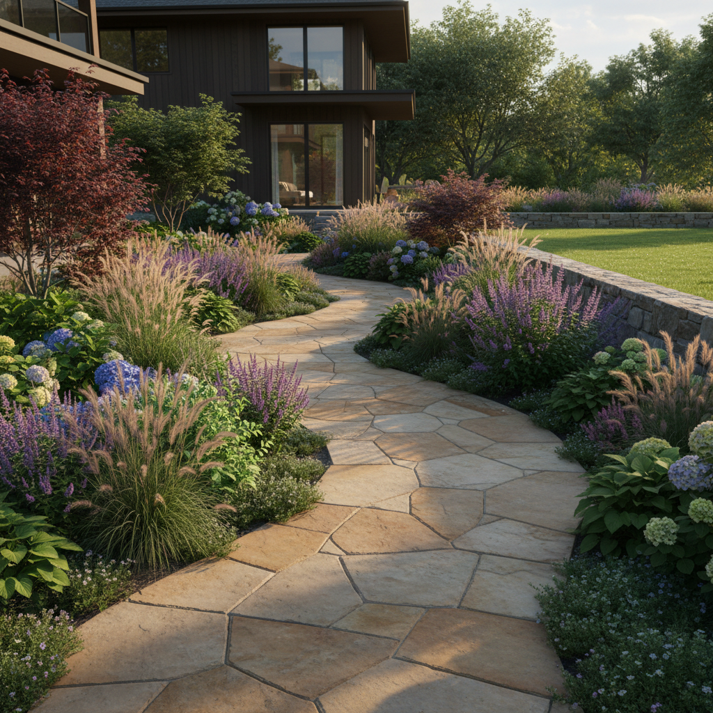 Professionally landscaped Colorado mountain property with natural stone pathways, evergreen plantings, and mountain backdrop