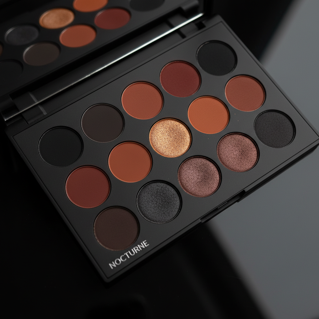 Open professional eyeshadow palette with smoky dark tones and gold shimmer pans on black background